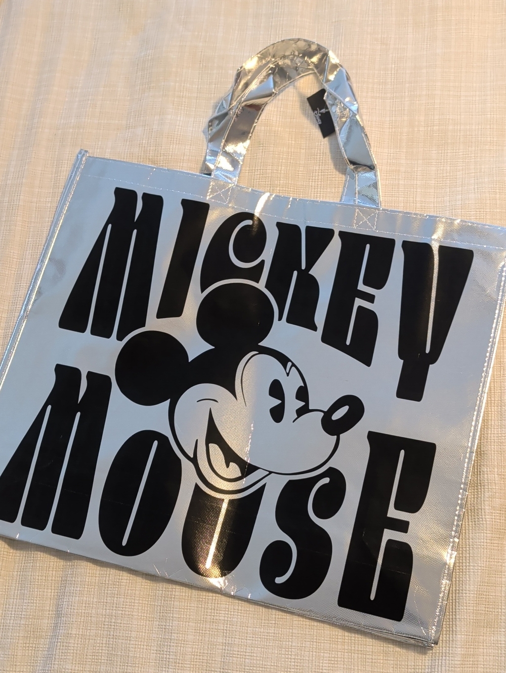 Disney Silver Tote Bag with Black Mickey Graphic
